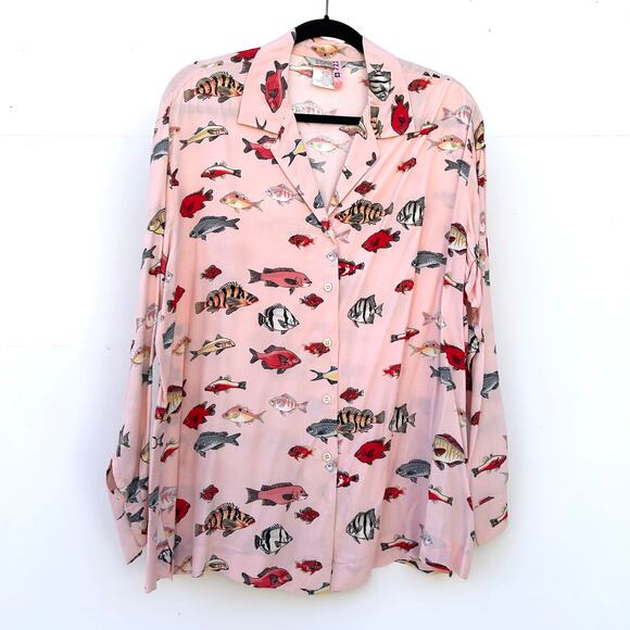 Vintage Esprit Fish Print Button Down Quirky Artsy Shirt Medium Rayon - Picture 2 of 8